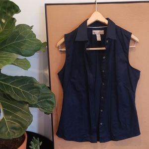 Fitted Navy Button Up Sleeveless Blouse